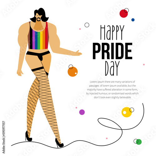The LGBTQ man celebrations HAPPY PRIDE DAY, LGBT parade. He is transgender, transvestite or homosexual and has got rainbow t shirt. The Illustration good for poster or UI UX design or stories.