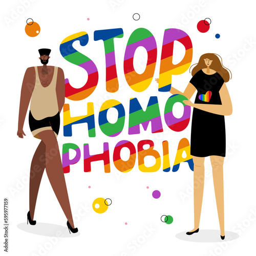 The  LGBTQ couple, african american man and woman near phrase, rainbow lettering STOP HOMOPHOBIA. The celebration pride day,  LGBT parade. The Illustration good for poster or UI UX design or stories.