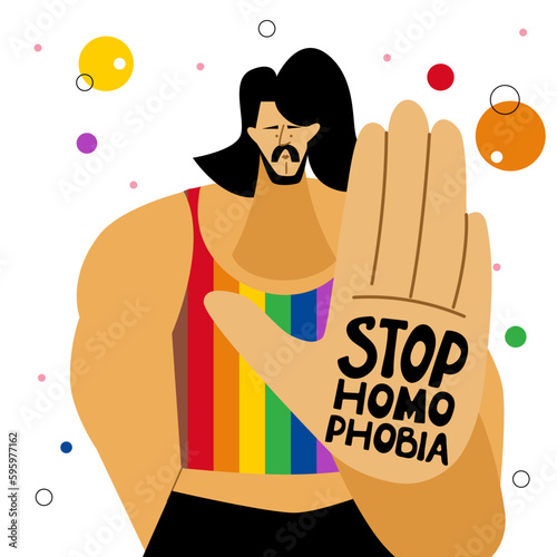 The LGBTQ man hold a hand with lettering STOP HOMOPHOBIA. He celebration pride day, month, LGBT parade. The Illustration good for poster or UI UX design or stories.