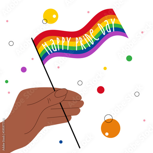 The LGBTQ African American hand holds the rainbow flag with phrase HAPPY PRIDE DAY. The Illustration good for poster for celebrations international PRIDE DAY or UI UX design or stories.