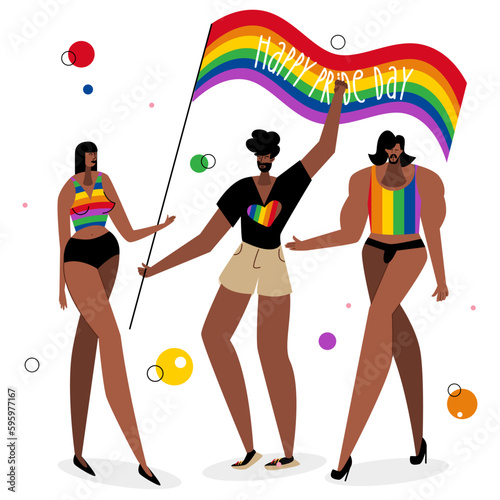 The LGBTQ group african american man and woman celebration pride day,  LGBT parade. The have got rainbow flag. The Illustration good for poster or UI UX design or stories.
