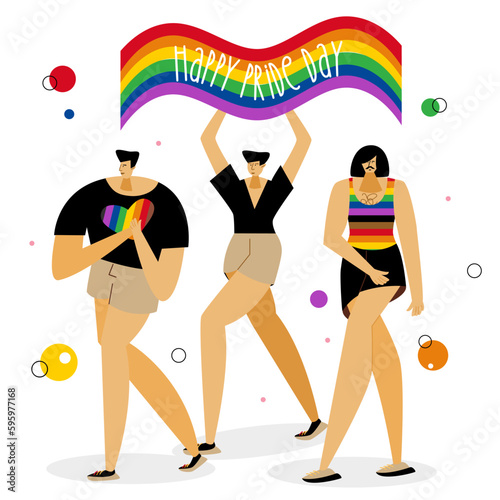 The LGBTQ mans celebration pride day, LGBT parade. The group of male have got rainbow flag with phrase HAPPY PRIDE DAY. The Illustration good for poster or UI UX design or stories.