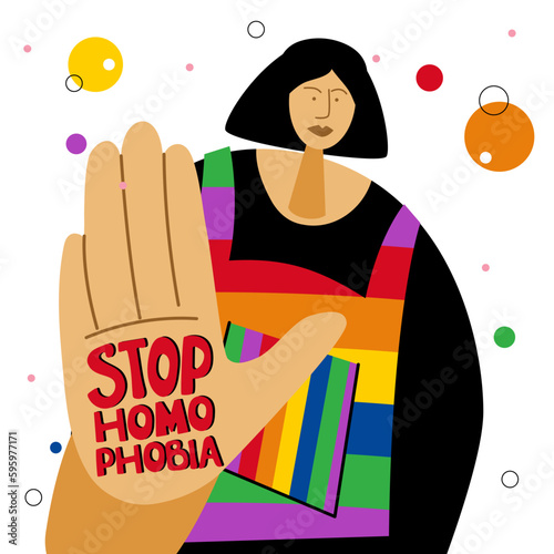 The LGBTQ girl, woman, lesbian, hold a hand with lettering STOP HOMOPHOBIA. She celebration pride month, LGBT parade. The Illustration good for poster or UI UX design or stories.