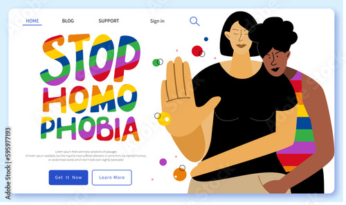 The landing page website design with LGBTQ couple, girl, African American woman and phrase rainbow lettering STOP HOMOPHOBIA. They celebration pride month, LGBT parade.