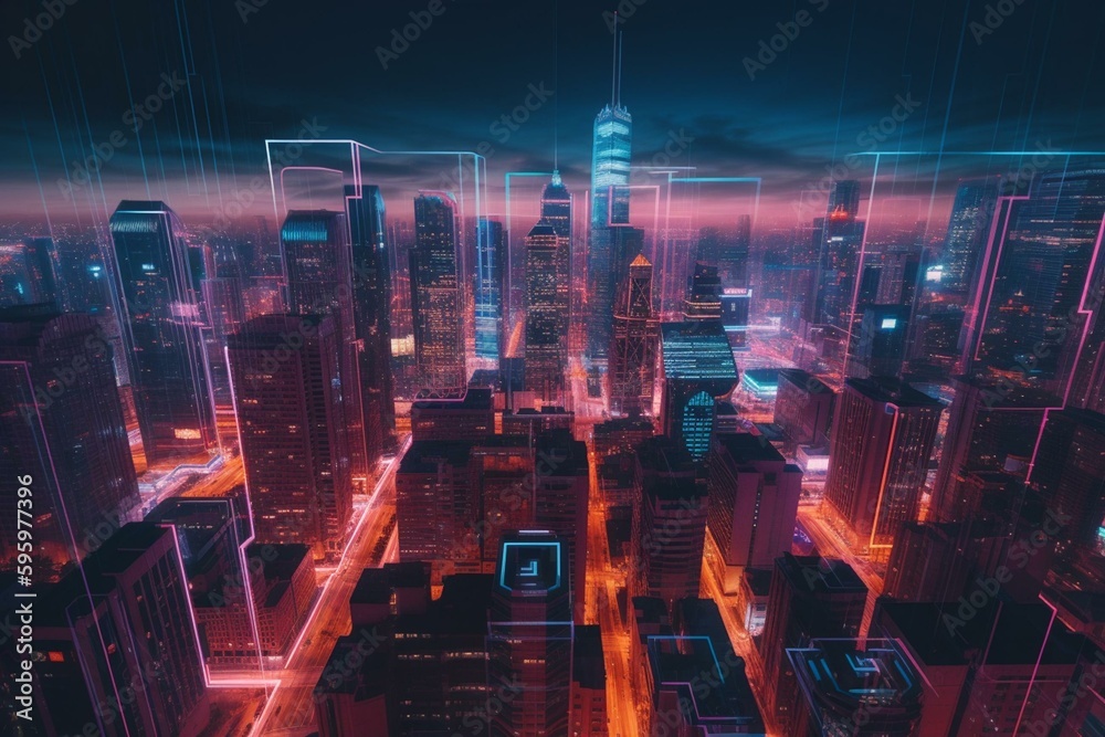 Chicago's vibrant cyber metropolis skyline. Generative AI