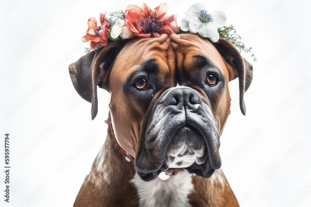 A watercolor of a flower-crowned boxer isolated on white. Generative AI