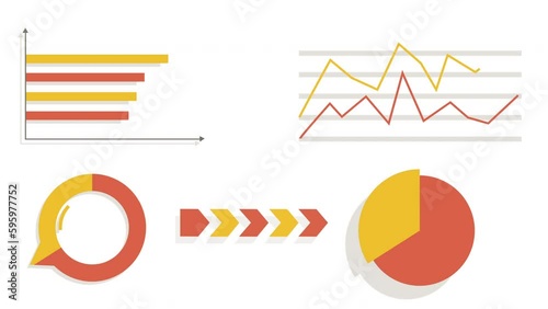 Animated infographic elements, diagrams and charts growing on white background. 4K resolution, flat design.