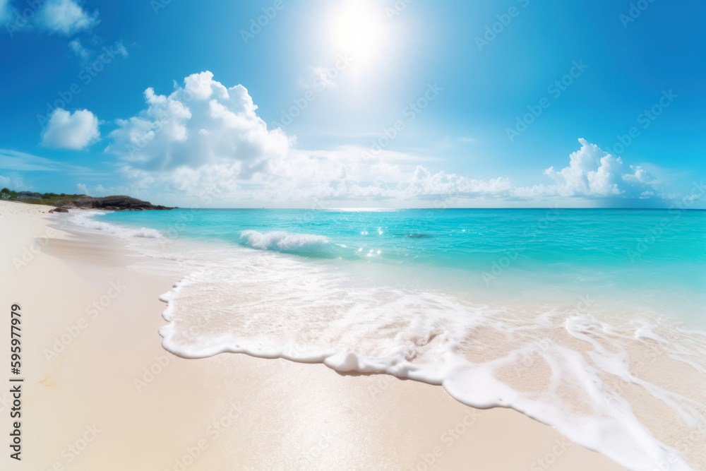 Tropical beach with blue sky and white clouds background. Summer vacation and travel concept. Generative ai. Tropical beach with blue sky and white clouds background. Summer vacation and travel concept. Generative ai.