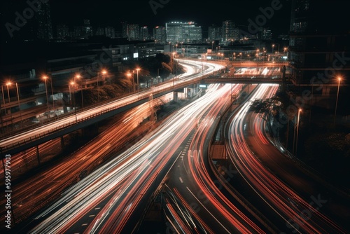 Traffic trails of car lights captured through long exposure. Generative AI