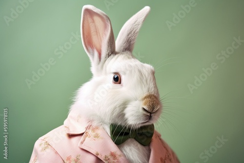Easter bunny in a professional outfit against pastel backdrop. Generative AI