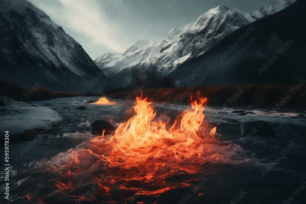 Contrasting landscape of flames and snow capped peaks, flowing watercourse. Generative AI