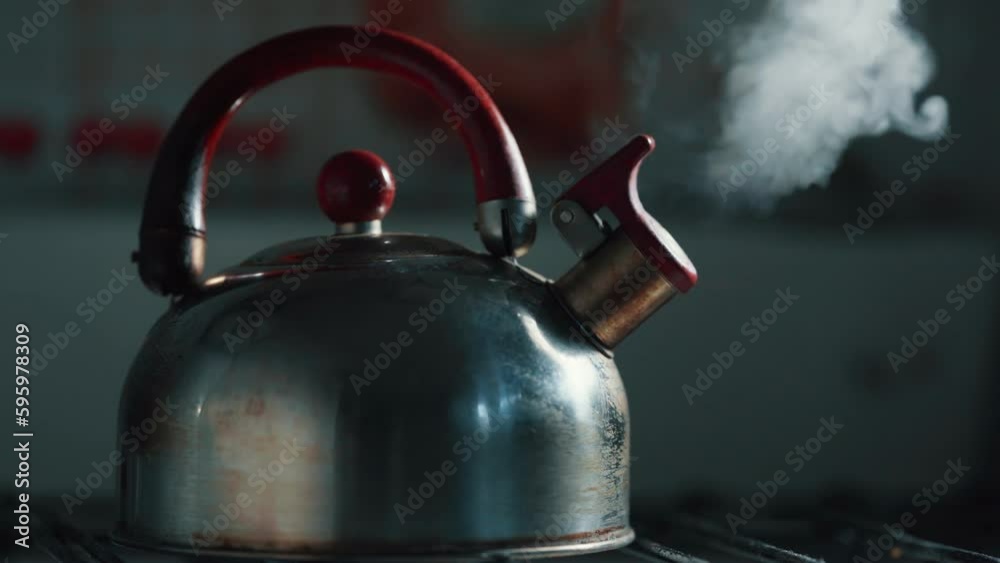 A boiling kettle with a whistle,standing on a gas stove and letting off steam