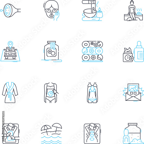 beauty treatments linear icons set. Facials, Microdermabrasion, Waxing, Massage, Pedicure, Manicure, Eyebrows line vector and concept signs. Skincare,Lashlift,Tanning outline illustrations photo