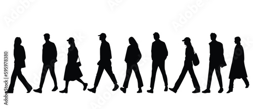 Vector silhouettes of  men and a women, a group of walking  business people, profile, black color isolated on white background