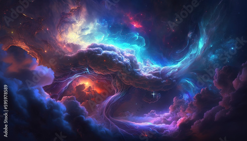 a beautiful landscape in space with a lot of colorful clouds, galaxy theme, generative ai technology