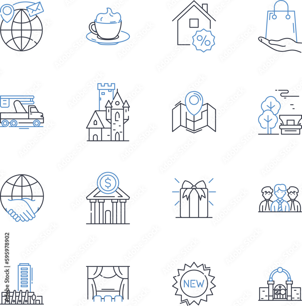 Naklejka premium Shopping center line icons collection. Mall, Shopper, Retail, Fashion, Sales, Boutique, Department vector and linear illustration. Customer,Luxury,Bargain outline signs set