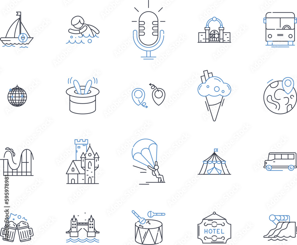 Jaunt line icons collection. Adventure, Excursion, Escape, Odyssey, Trek, Voyage, Expedition vector and linear illustration. Journey,Tour,Roam outline signs set