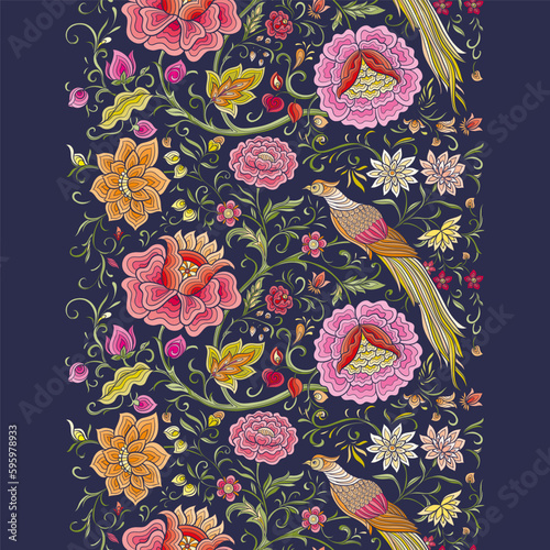 Fantasy flowers and pheasant bird in retro, vintage, chinese silk on velvet embroidery style. Seamless pattern, background. Vector illustration.