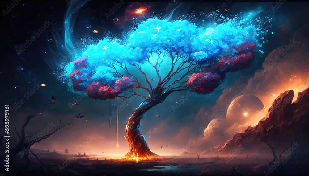 an impressive blue shimmering cherry tree in space, fantasy scifi artwork, generative ai technology