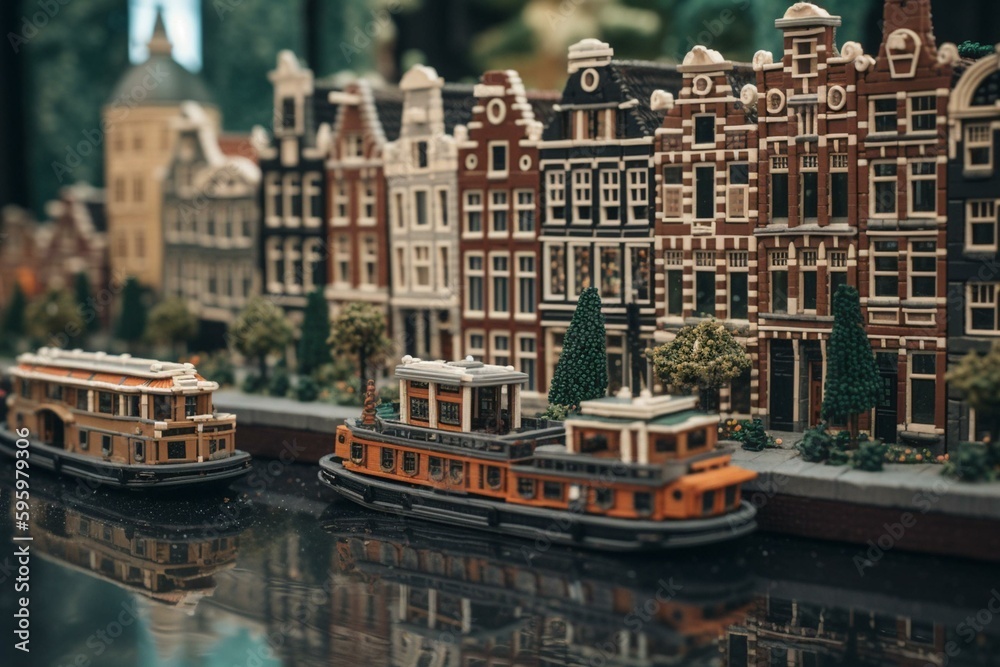 A detailed artwork of Amsterdam depicting boats on a river with a bridge in the background. Generative AI