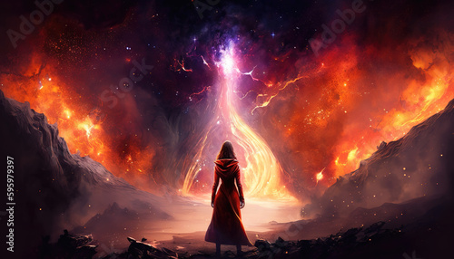 a big scifi thunder in the galaxy, woman standing in front of it, generative ai technology