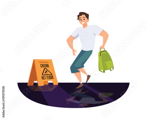 Smiling young man walking carefully on wet floor flat style