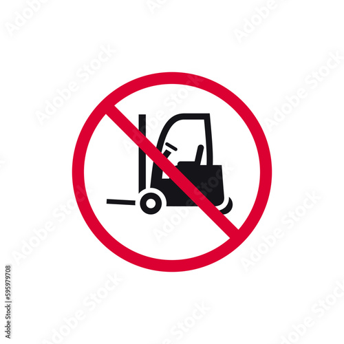 No forklift prohibited sign, no stacker forbidden modern round sticker, vector illustration