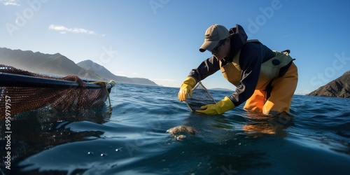 A marine biologist releasing tagged fish back into the ocean, contrasted against a research-focused backdrop, concept of Ecological conservation, created with Generative AI technology photo