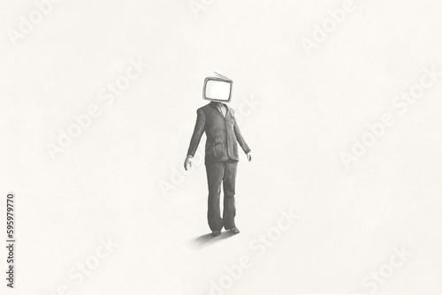 Illustration of man with television over his head, propaganda symbol surreal concept