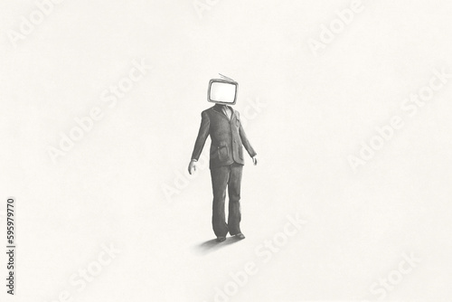 Cuadro en lienzo Illustration of man with television over his head, propaganda symbol surreal con