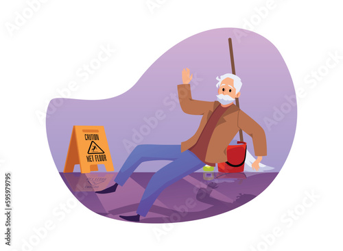 Falling elderly man slipped on wet floor flat style
