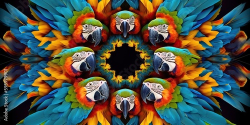 Group of colorful macaws forming a living kaleidoscope pattern against a monochromatic backdrop  showing bright plumage  concept of Symmetrical arrangement  created with Generative AI technology
