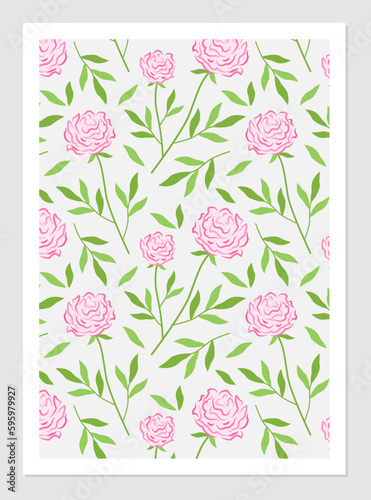 Poster with pink peonies. Floral vector illustration of roses on twigs with green leaves. Botanical drawing for interior design. Background with vintage flowers.