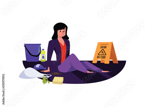 Sad woman sitting on wet floor after falling, flat vector illustration isolated on white background.