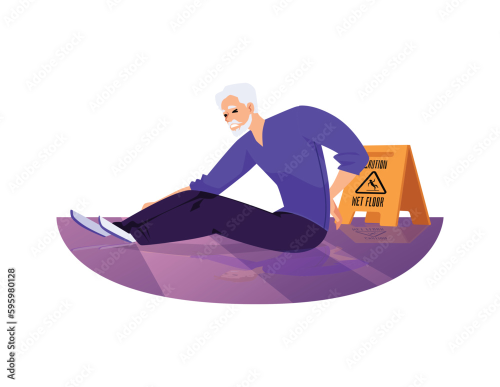 Old man injured himself by falling on wet floor, flat vector illustration isolated on white background. Old man injured himself by falling on wet floor, flat vector illustration isolated on white background.