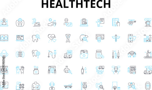 HealthTech linear icons set. Telemedicine, Wearables, EHR, AI, Virtual reality, Robotics, Nanotechnology vector symbols and line concept signs. Genetics,Digital health,Cybersecurity illustration