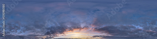 360 panorama skydome with evening clouds after sunset as seamless panoramic view in spherical equirectangular format for use in 3d graphics or game development as sky dome or edit drone shot © hiv360
