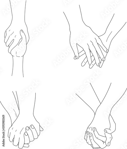 Hand drawn hands of lovers isolated on white background. Hand in hand. One line contour drawing. Outline holding hands. Vector illustration