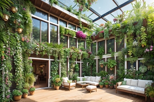 Interior with many lush green plants, generative ai illustration © inspiretta