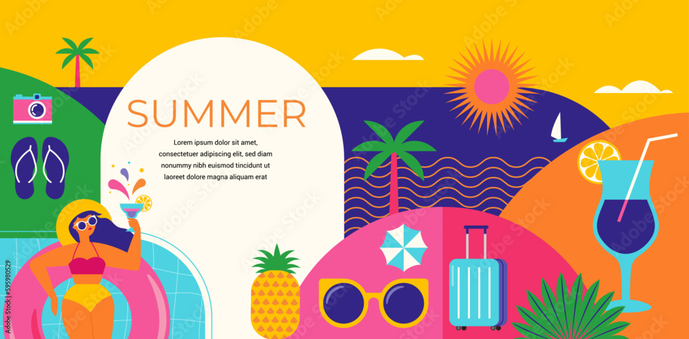 Colorful Geometric Summer Background, poster, banner. Summer time fun concept design promotion design Colorful Geometric Summer Background, poster, banner. Summer time fun concept design promotion design