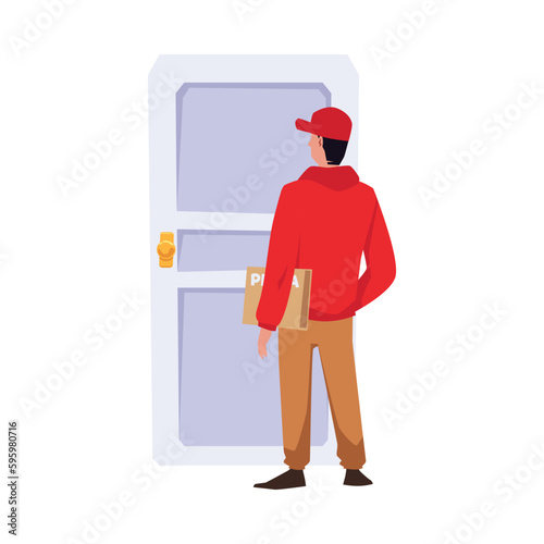 Pizza delivery man standing in front of the door, flat vector illustration isolated on white background.