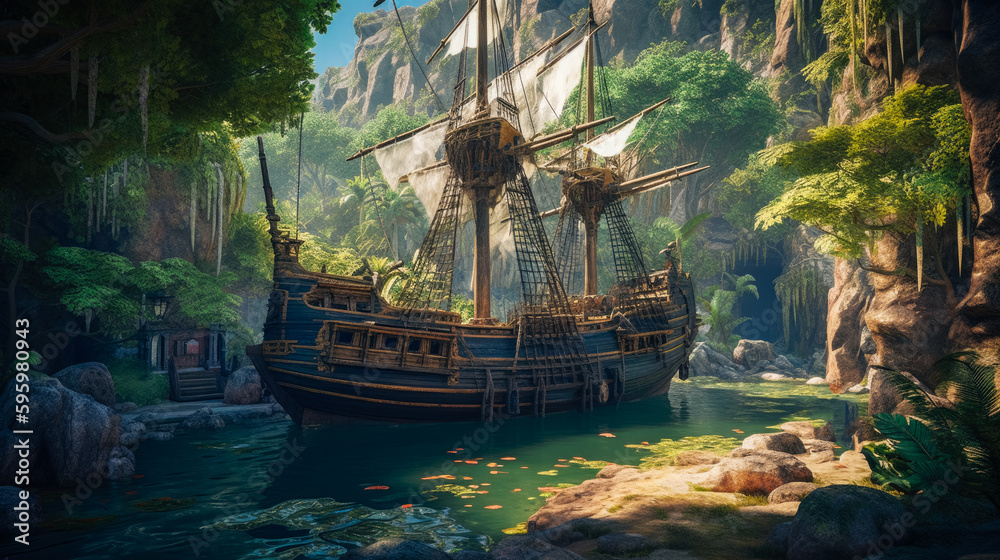 Obraz premium A forgotten pirate ship docked at a hidden cove, surrounded by lush tropical jungle. Generated AI