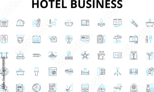 Hotel business linear icons set. Accommodation, Hospitality, Service, Comfort, Luxury, Travel, Room vector symbols and line concept signs. Reservation,Amenities,Restaurant illustration