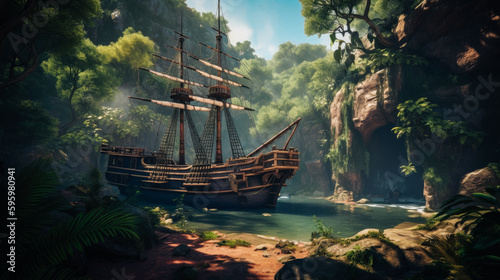 Photo A forgotten pirate ship docked at a hidden cove, surrounded by lush tropical jungle