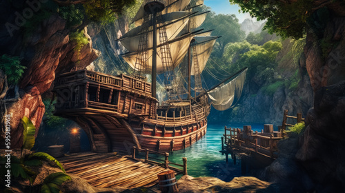 Print op canvas A forgotten pirate ship docked at a hidden cove, surrounded by lush tropical jungle