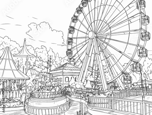 Amusement park with ferris wheel vector coloring book black and white for kids and adults isolated line art on white background.