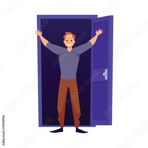 Happy man standing in doorway with open door, flat vector illustration isolated.