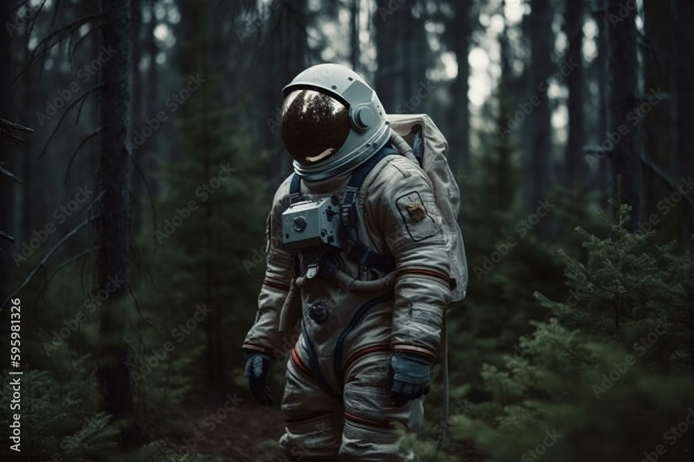 Astronaut standing in forest surrounded by nature, high-res. Generative AI