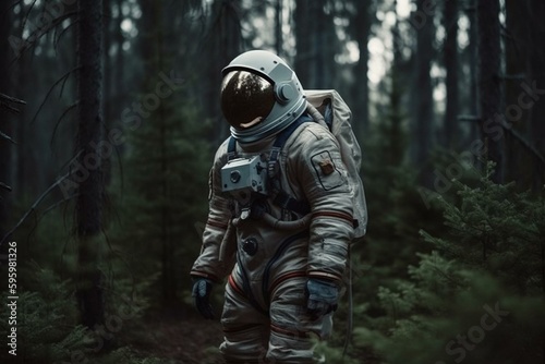 Astronaut standing in forest surrounded by nature, high-res. Generative AI