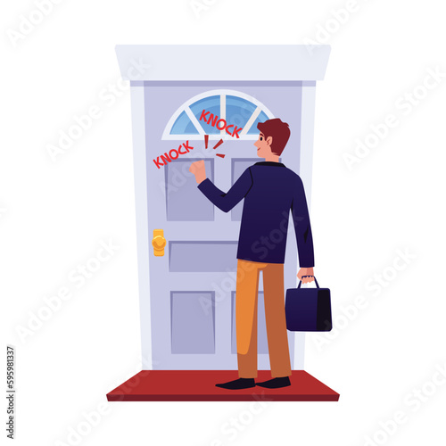 Young smiling man in suit holding case and knocking on closed door flat style